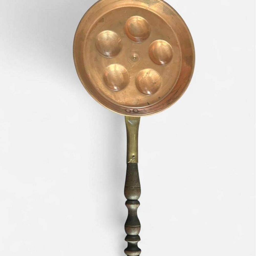 Vintage French Country Copper & Brass Egg Poacher with Carved ornate Wood Handle